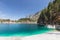 Gently sloping and sometimes steep shores of an alpine Tovel lake with emerald mineralized water,Â Ville d`Anaunia, Trentino,
